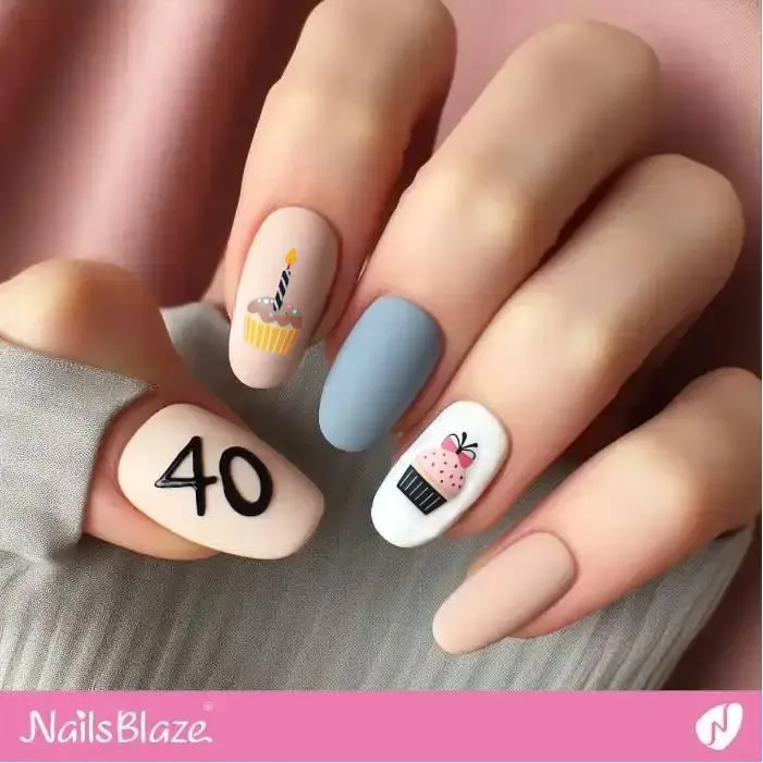 40th Birthday Matte Nails with Cupcakes | 40th Birthday Nails - NB3233