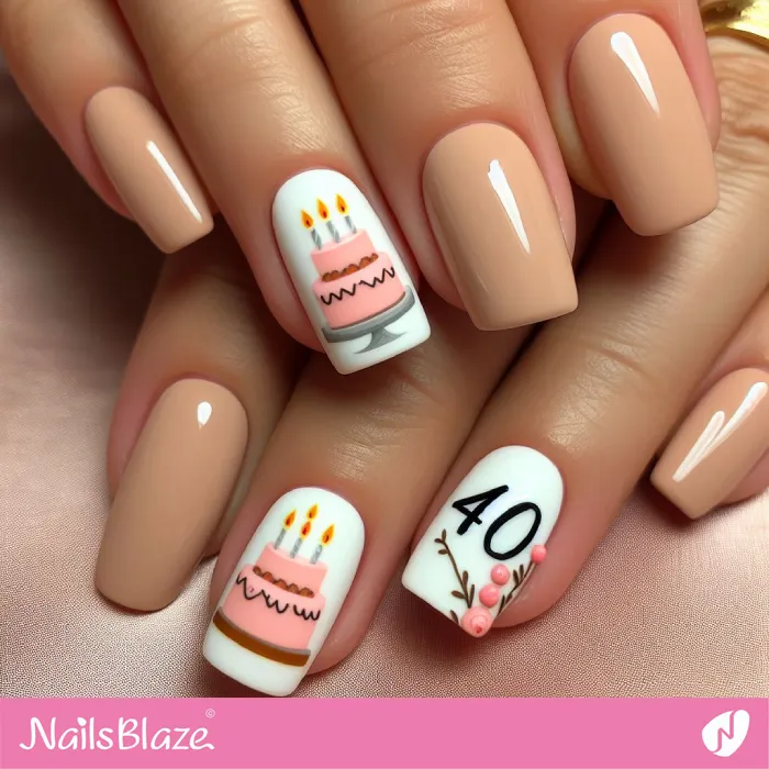 Nude and White Nails with Birthday Cake | 40th Birthday Nails - NB3234