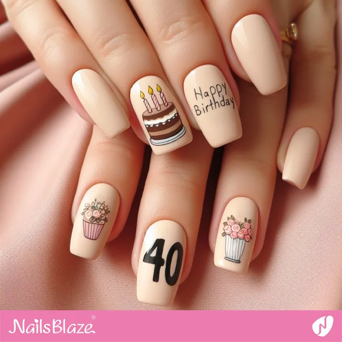 40th Birthday Nails with Cake and Flowers | 40th Birthday Nails - NB3238