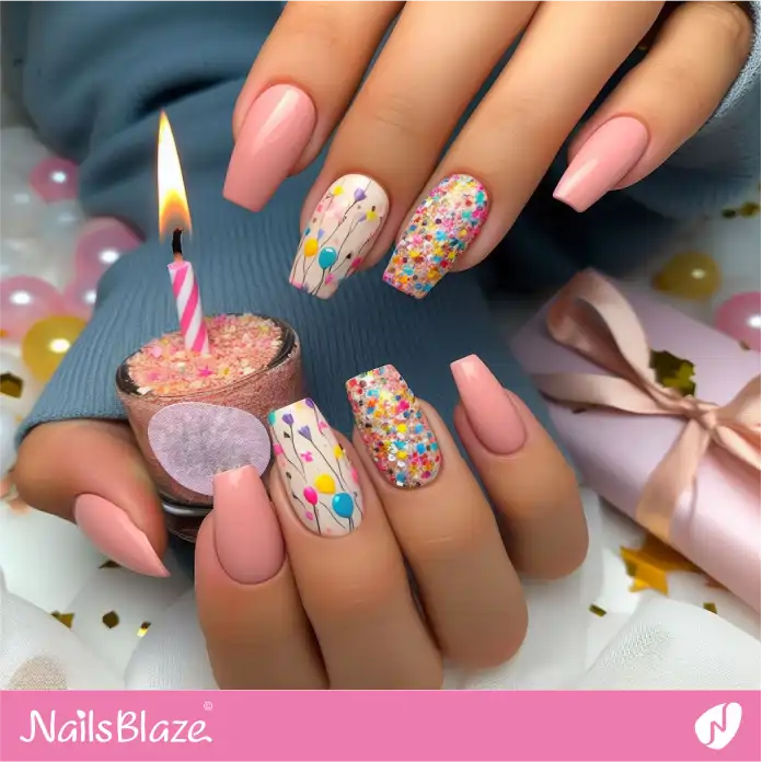 Balloon and Confetti Nail Design for Birthday | Birthday Nails - NB2893