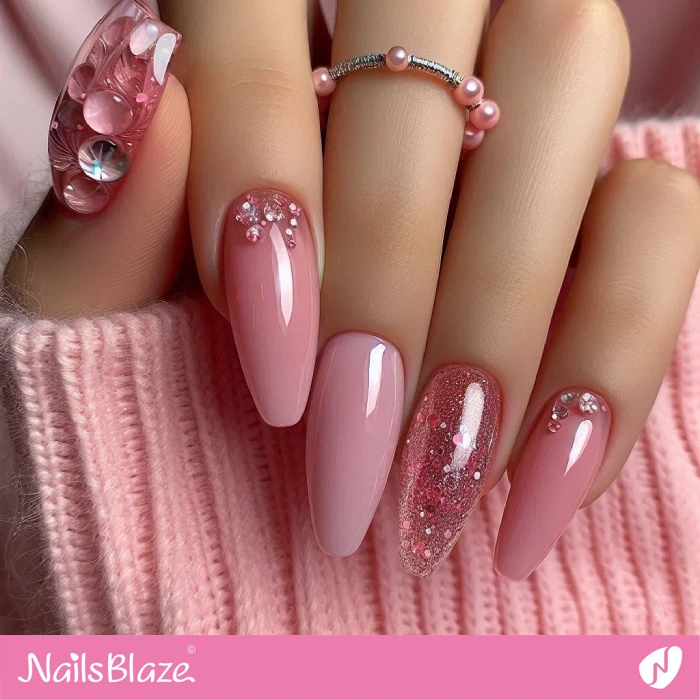 Pink Nails with Embedded Rhinestones for Birthday | Birthday Nails - NB5130