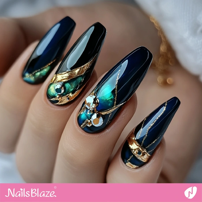 Luxury Blue Nails with Embellishment | Blue Birthday Nails - NB6407