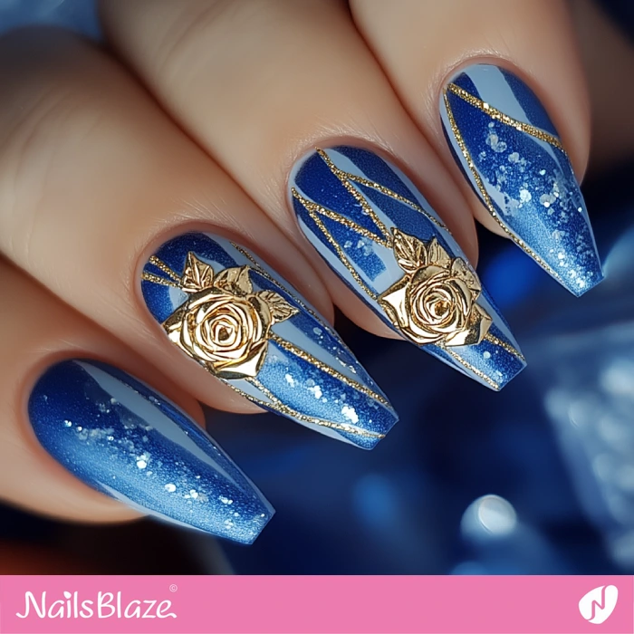 Elegant Blue Nails with 3D Golden Roses | Blue Birthday Nails - NB6410