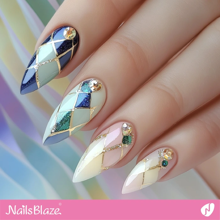 Diamond Shape Color Blocks for Nails Design | Blue Birthday Nails - NB6412