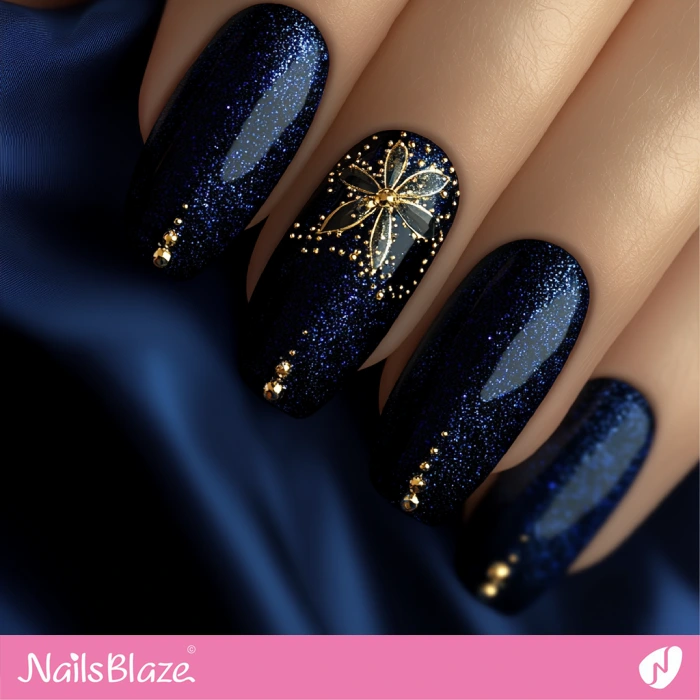 Shimmer Blue Nails Golden Design | Blue Birthday Nails - NB6414