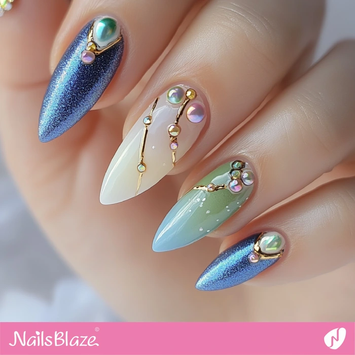 3D Pearls for Blue Mismatched Nails | Blue Birthday Nails - NB6415