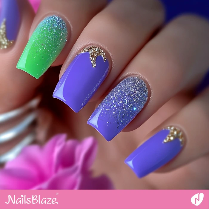 Blue Square Nails with Glitter Design | Blue Birthday Nails - NB6417