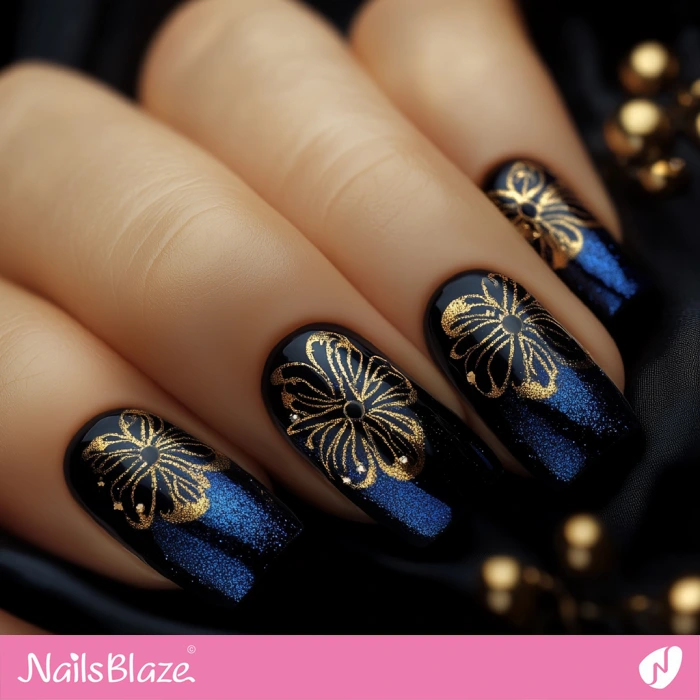 Gold Flowers for Elegant Blue Nails | Blue Birthday Nails - NB6418