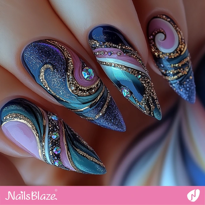 Bling Swirl Nails for Birthday Party | Blue Birthday Nails - NB6421