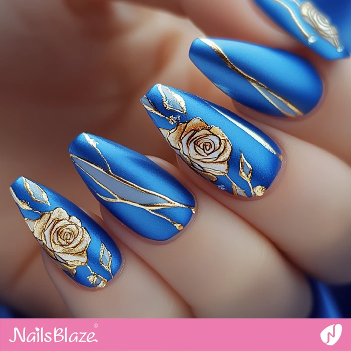 Blue and Gold Floral Nails | Blue Birthday Nails - NB6422