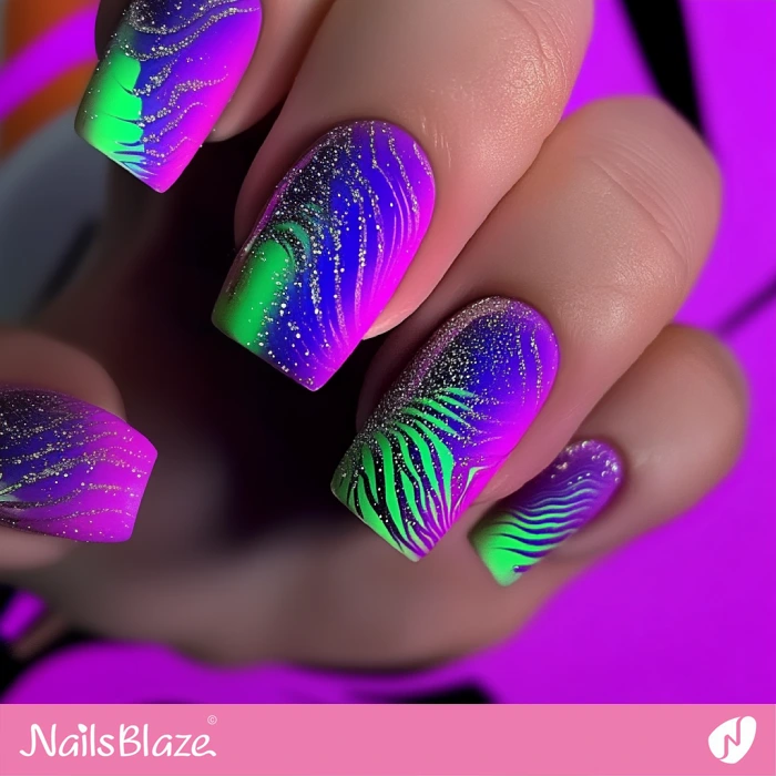 Blue and Purple Gradient Nails with Zebra Pattern | Blue Birthday Nails - NB6424