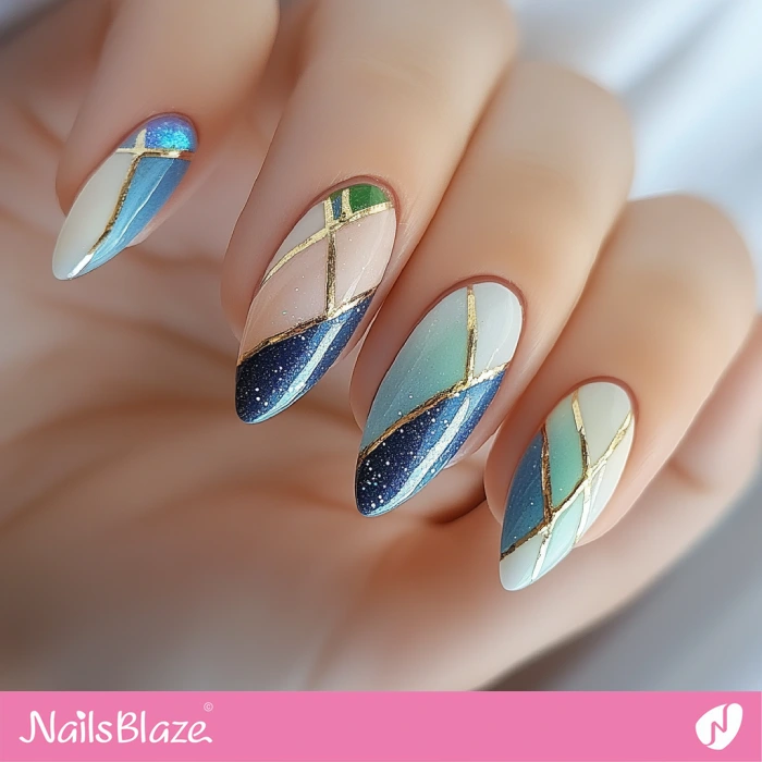 Nails with Bright Shapes of Color and Blue Accents | Blue Birthday Nails - NB6425