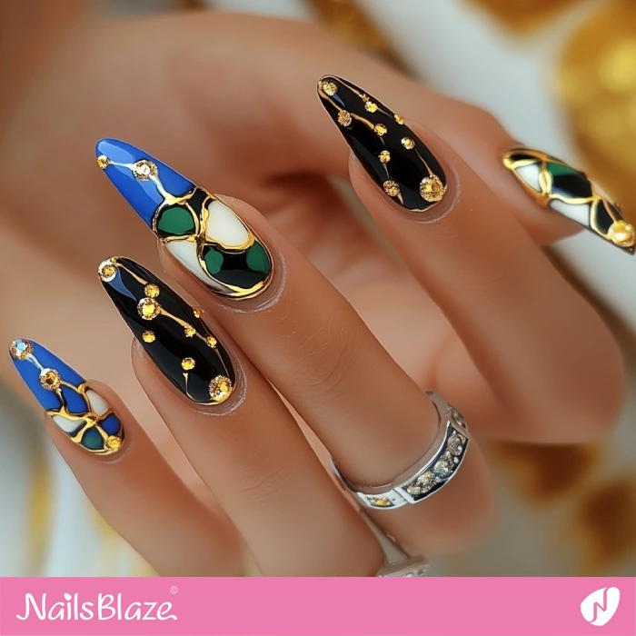 Blue and Black Nails Rhinestone Design | Blue Birthday Nails - NB6426