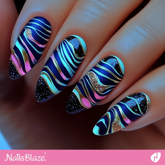 Elegant Blue Waves Nails Design | Blue Birthday Nails - NB6427