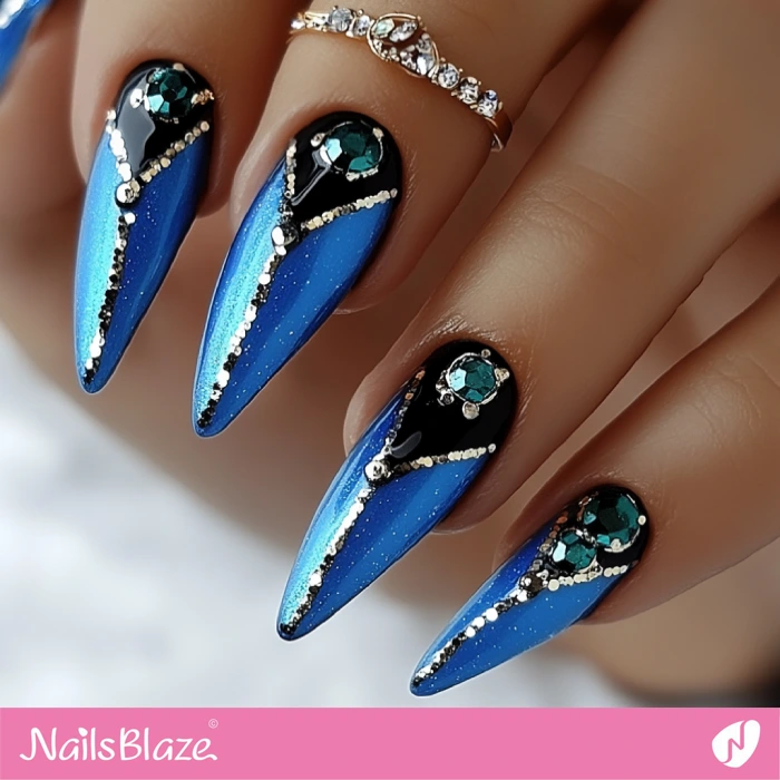 Blue Russian Almond Nails with Embellishment | Blue Birthday Nails - NB6430