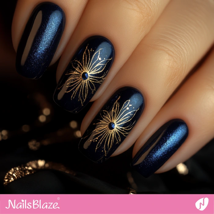 Gold Flowers for Birthday Blue Nails Design | Blue Birthday Nails - NB6434