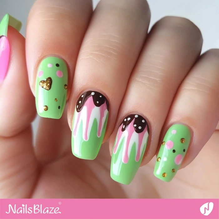 Drip Cake-Inspired Design for Green Nails | Birthday Cake Nails - NB6053