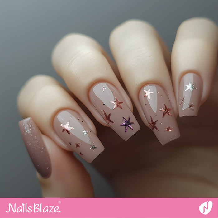 Nude Nails with Golden Stars for Birthday | Classy Birthday Nails - NB6174