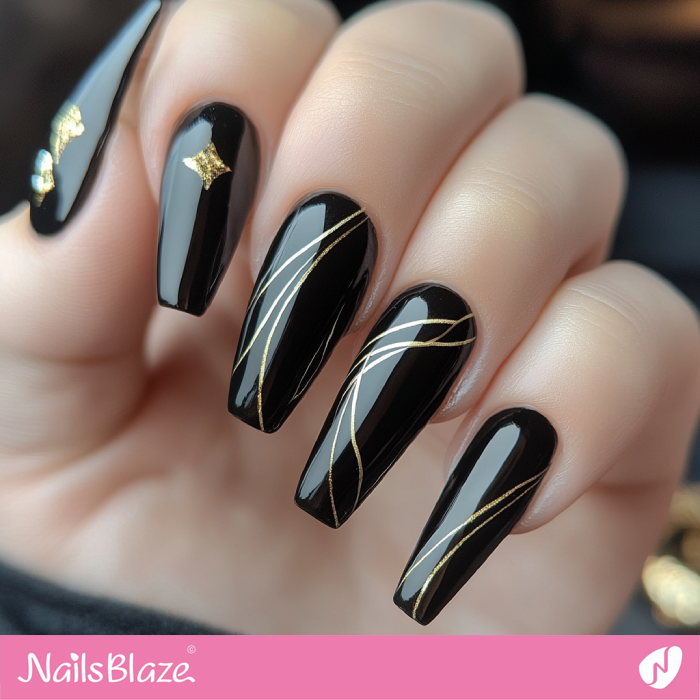 Glossy Black Nails with Golden Lines | Classy Birthday Nails - NB6148