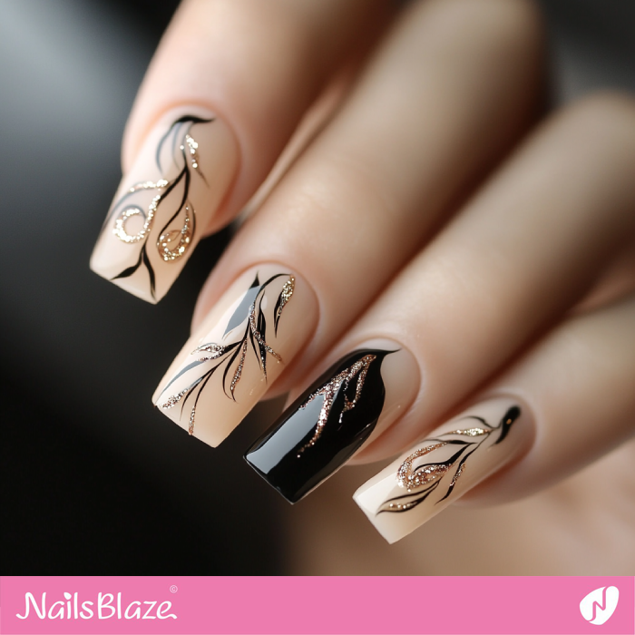 Nude Nails Black and Gold Design | Classy Birthday Nails - NB6152