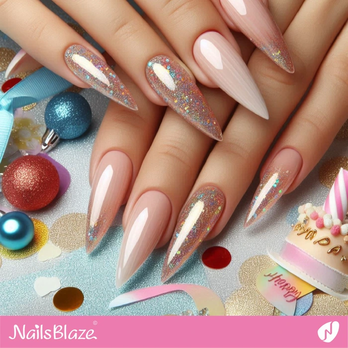 Glossy Stiletto Nails Confetti Design | Birthday Confetti Nails - NB6055