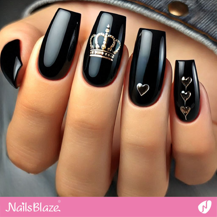 Black Nails with Heart and Crown Design | Birthday Crown Nails - NB7069