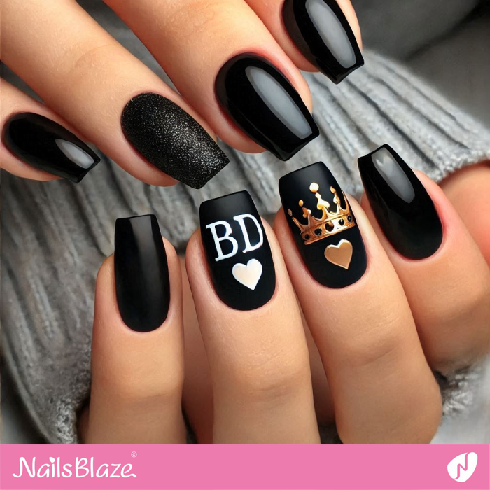 Black Birthday Nails Heart and Crown Design | Birthday Crown Nails - NB7078