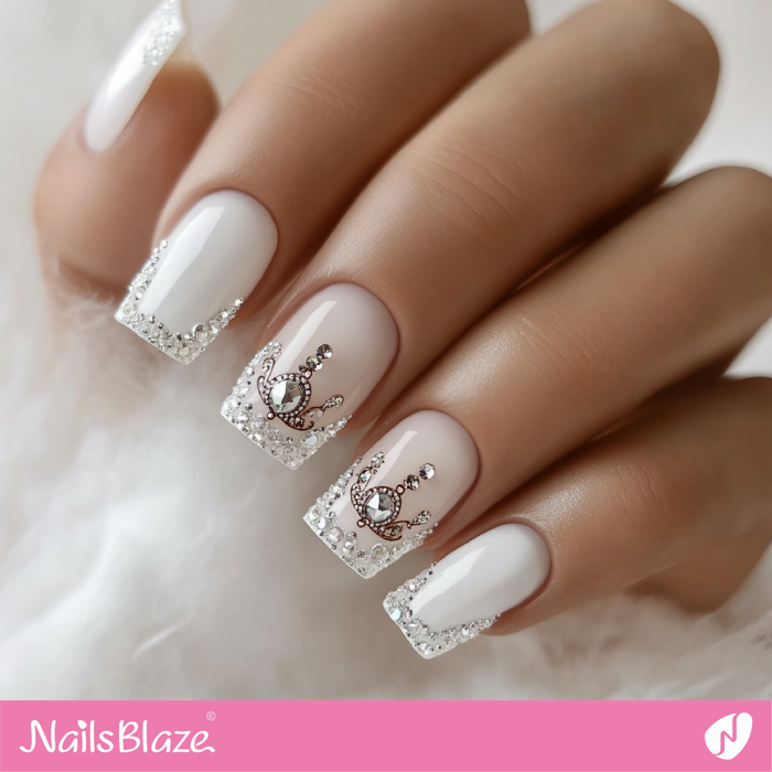 French Rhinestone Nails with Crown Design | Birthday Crown Nails - NB7079