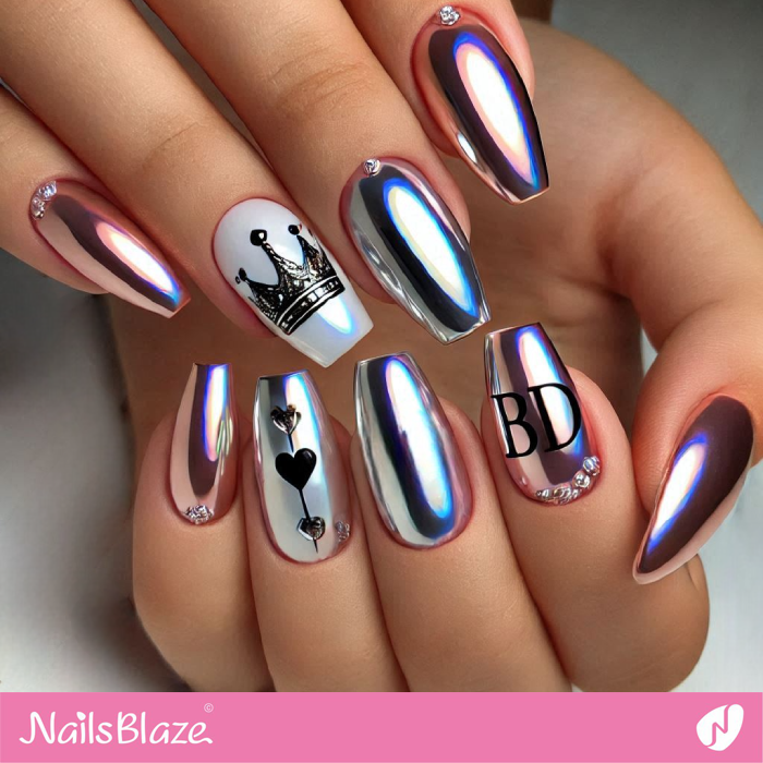 Chrome Birthday Nails Crown and Heart Design | Birthday Crown Nails - NB7081