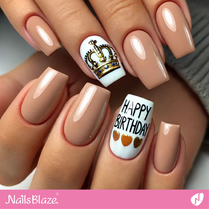 Brown Nails with Crown and Heart Design | Birthday Crown Nails - NB7086