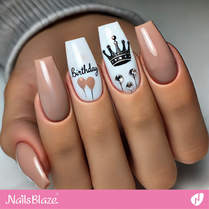 Neutral Nails Crown Design for Birthday | Birthday Crown Nails - NB7071