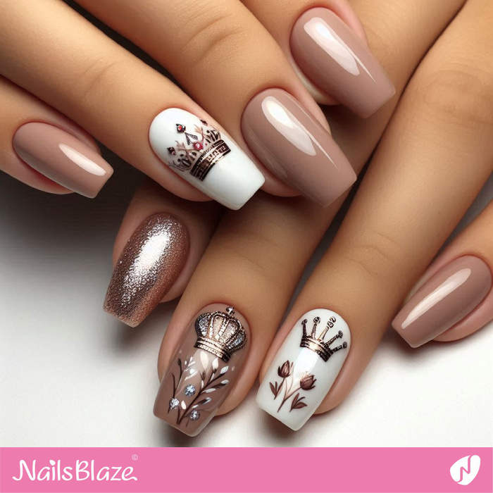 Crown Design for Birthday Neutral Nails | Birthday Crown Nails - NB7074