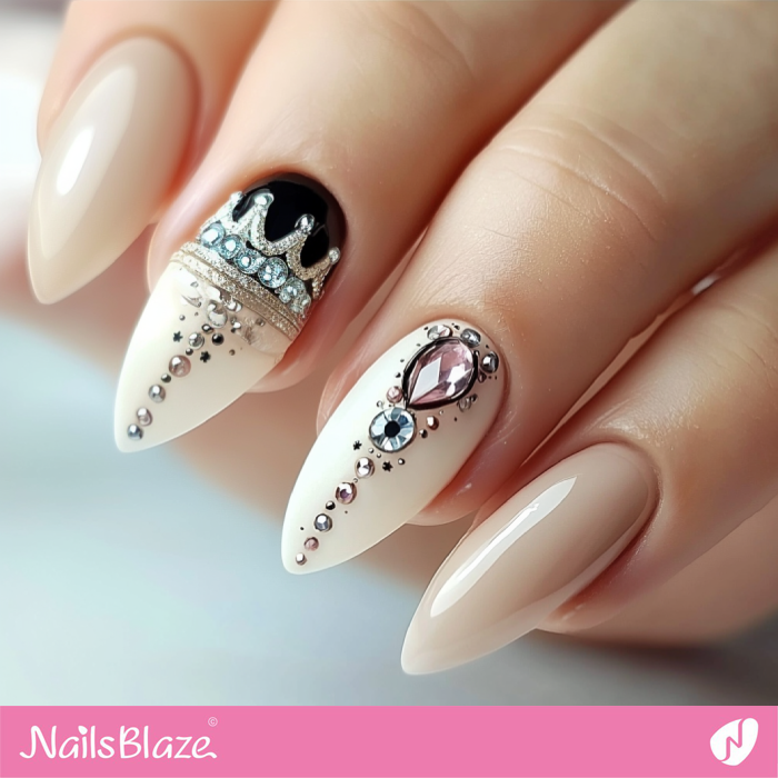 Almond Nails with Embellished Crown for Birthday | Birthday Crown Nails - NB7076