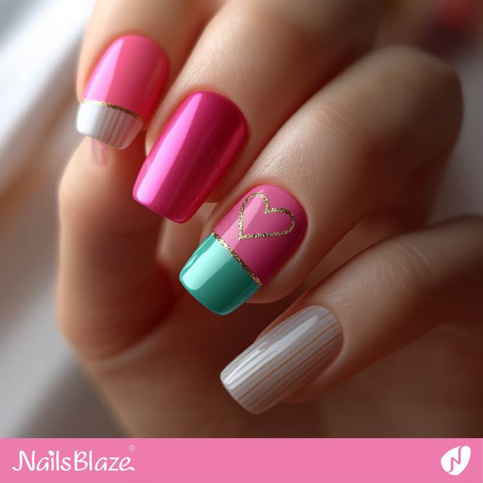 Cute Pink Nails with Gold Hearts | Birthday Heart Nails - NB7061