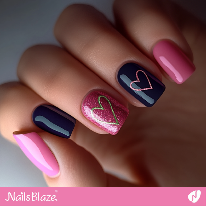 Simple Heart Design for Blue and Pink Nails | Birthday Heart Nails - NB7062