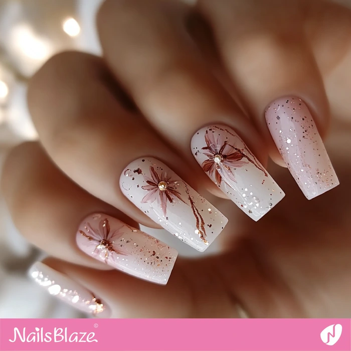 Elegant Flower Design for Nude Nails | Nude Birthday Nails - NB6440