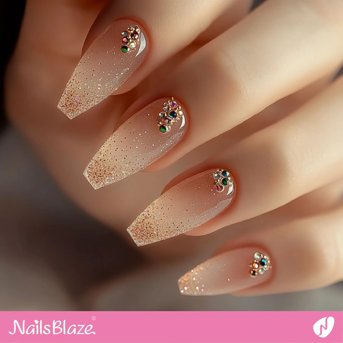 Glossy Nude Nails with Rhinestones and Glitters | Nude Birthday Nails - NB6442