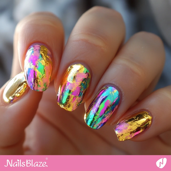 Pastel Neon and Gold Foil Nails Design | Birthday Pastel Neon Nails - NB6069