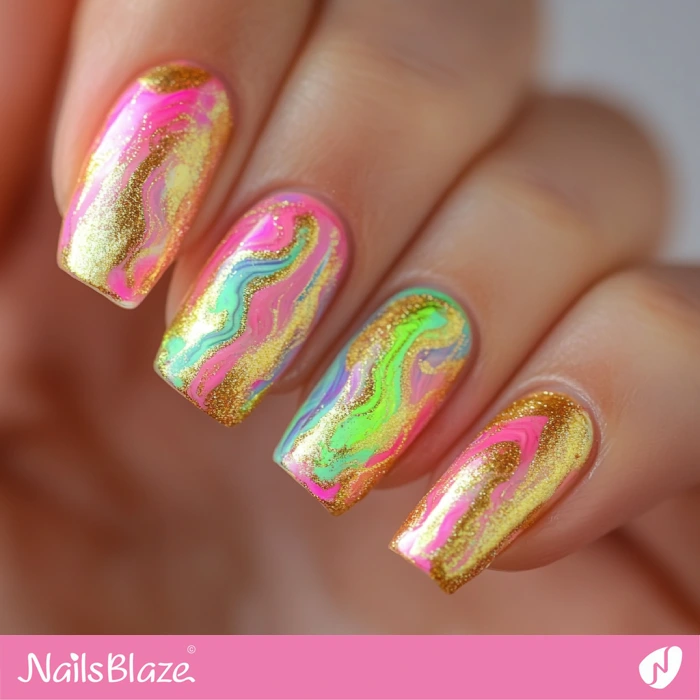 Swirl Design for Pastel Neon and Gold Nails | Birthday Pastel Neon Nails - NB6072