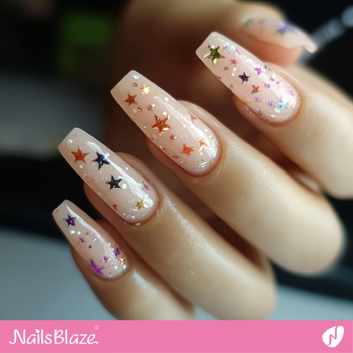 Long Glossy Nails with Stars for Birthday | Birthday Star Nails - NB6074