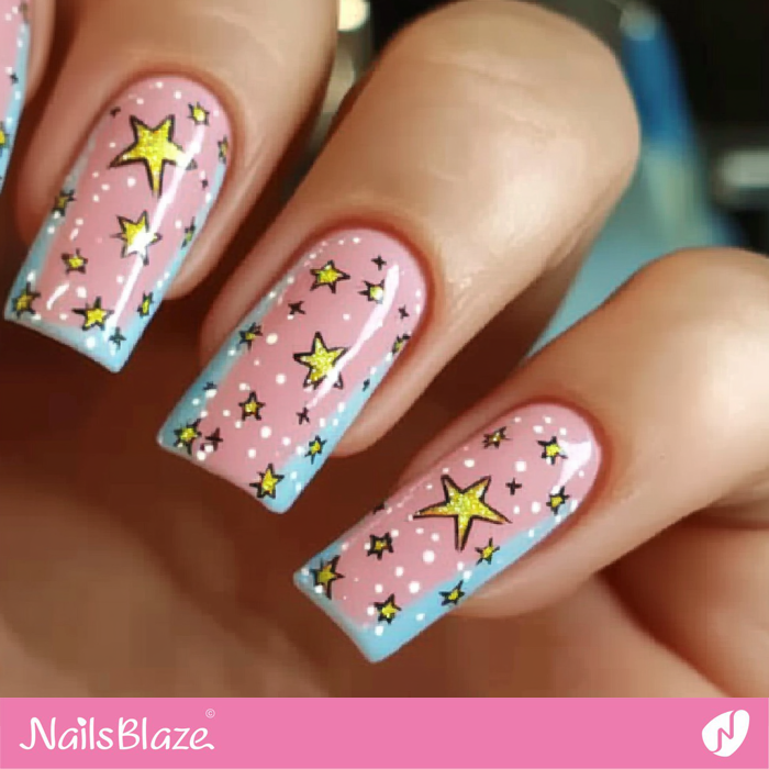 Pink Square Nails with Stars Design | Birthday Star Nails - NB6075