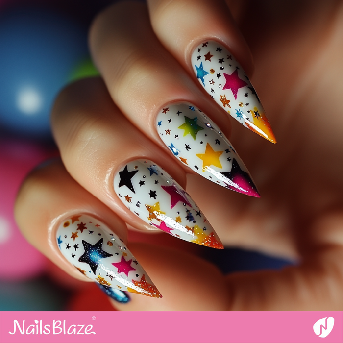 White Stiletto Nails with Colorful Stars | Birthday Star Nails - NB6077