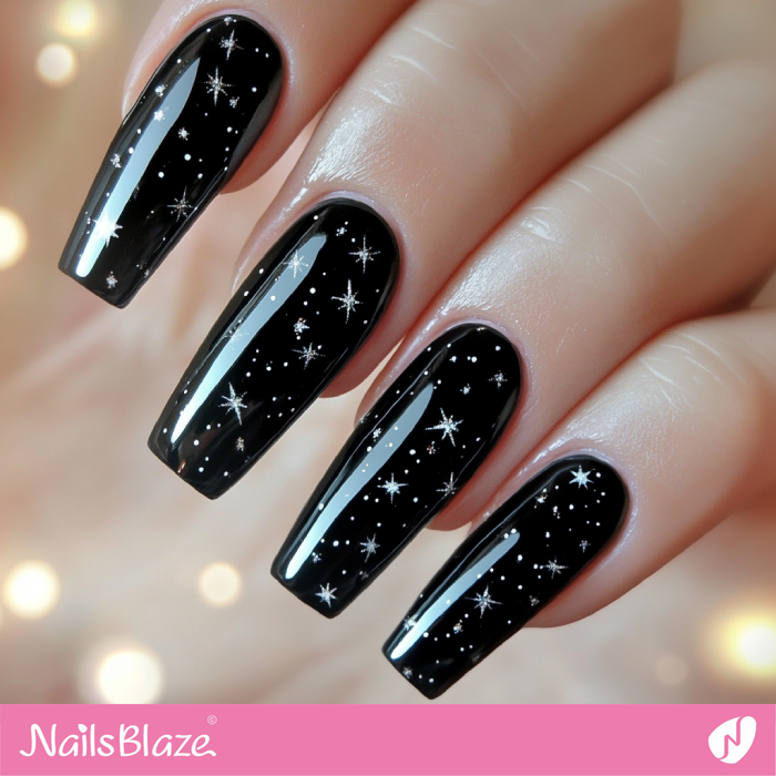 Black Nails with Tiny Stars | Birthday Star Nails - NB6078