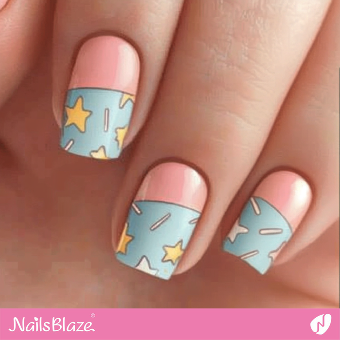 Short Pink and Blue Nails Star Design | Birthday Star Nails - NB6080