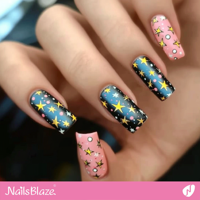 Star Pattern Long Square Nails | Birthday Star Nails - NB6081