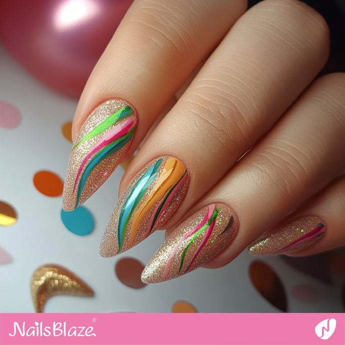 Glitter Nails with Colorful Swirls | Birthday Swirl Nails - NB6083