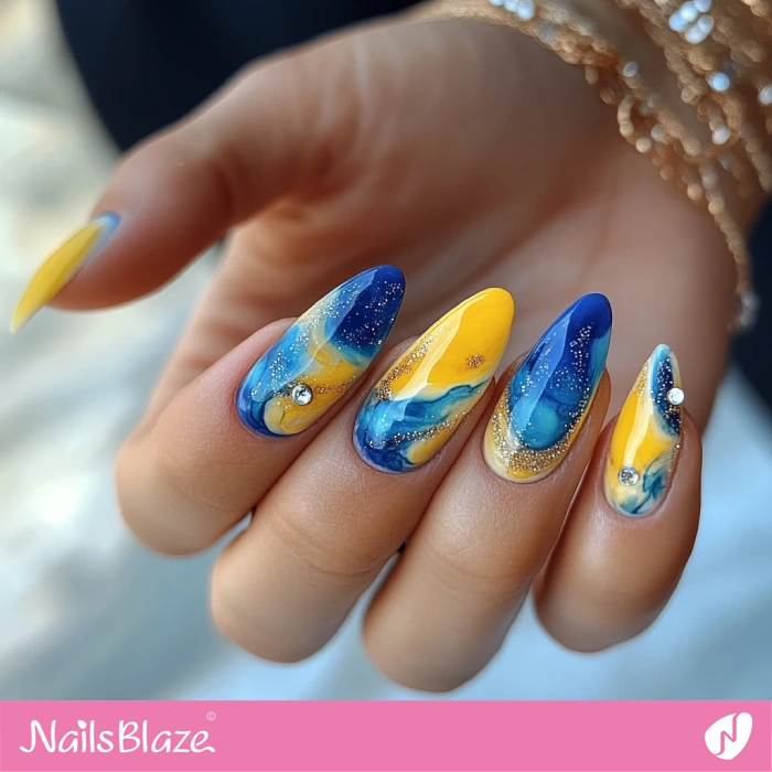 Yellow and Blue Watercolor Nails for Birthday | Yellow Birthday Nails - NB6444