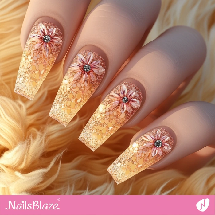 Ombre Sparkle Yellow Nails with Flowers | Yellow Birthday Nails - NB6447