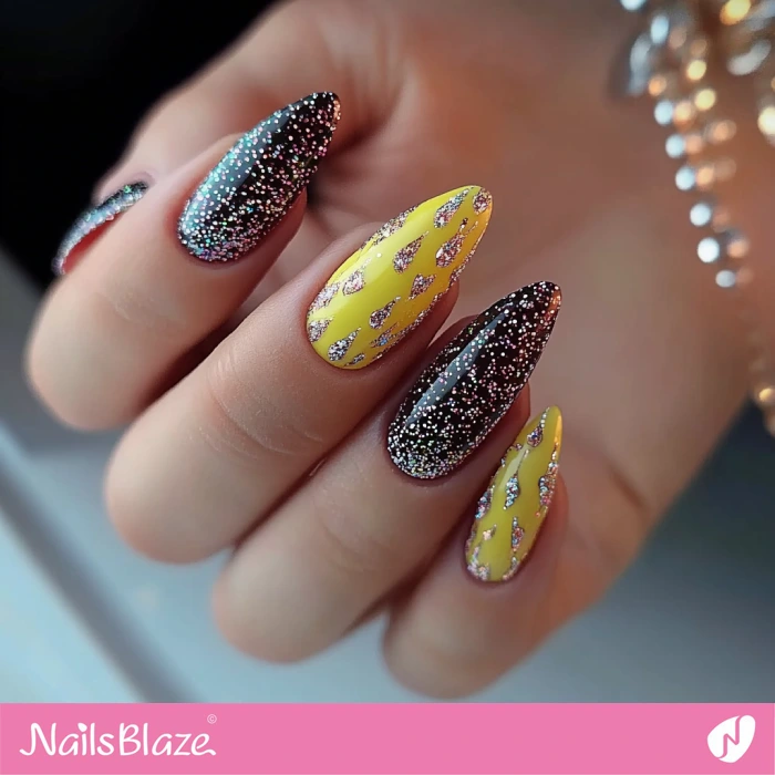 Yellow and Black Nails Glitter Design | Yellow Birthday Nails - NB6452