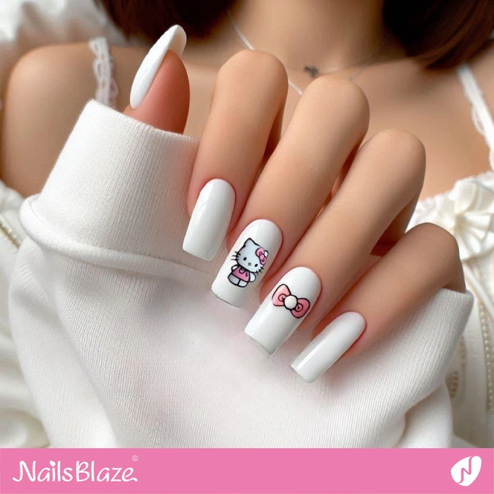 White Hello Kitty and Bow Nails | Bow Nails - NB5161